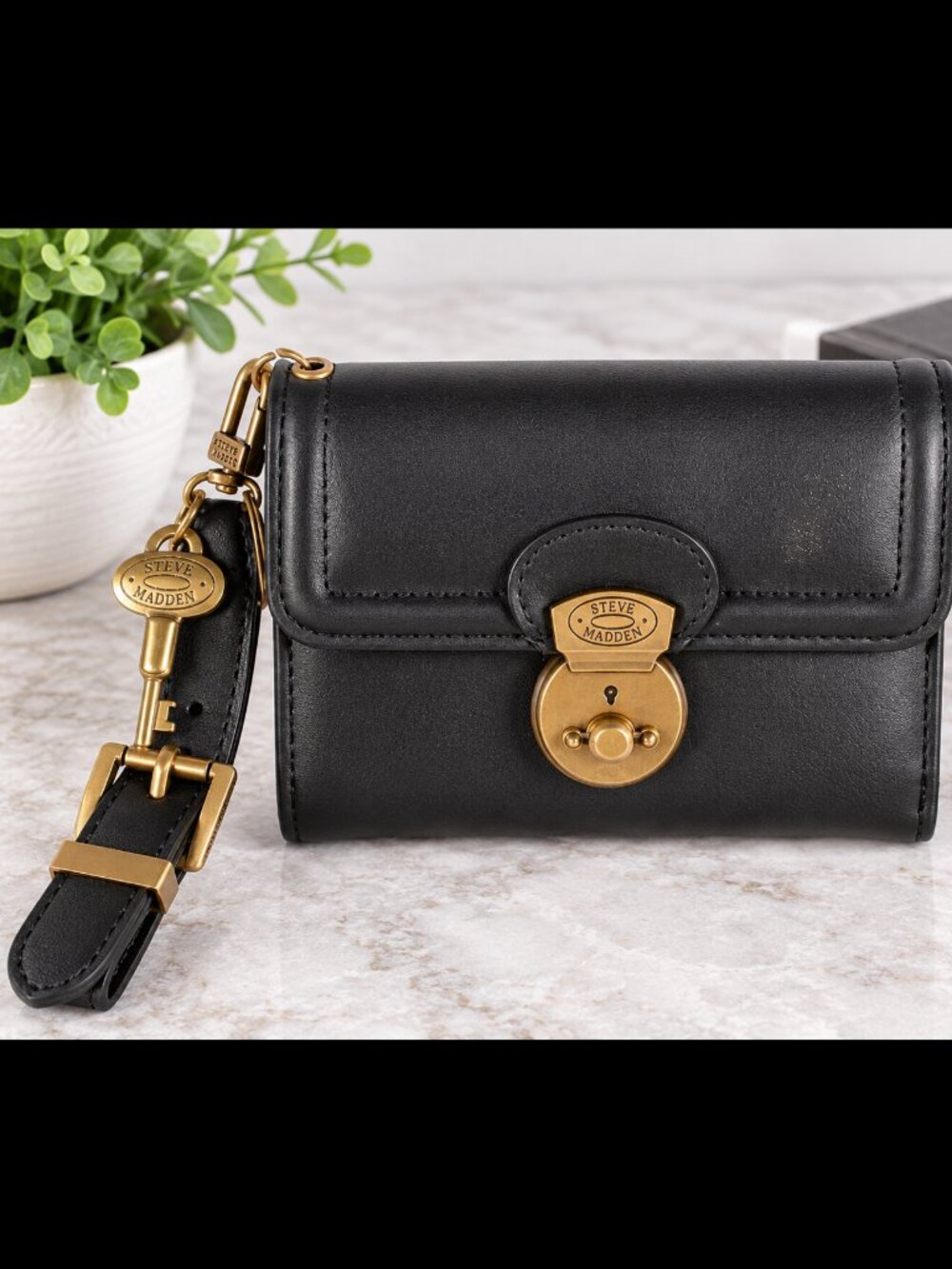 Steve Madden Black Trifold Wallet Wristlet Key Charm Gold Hardware NWOT